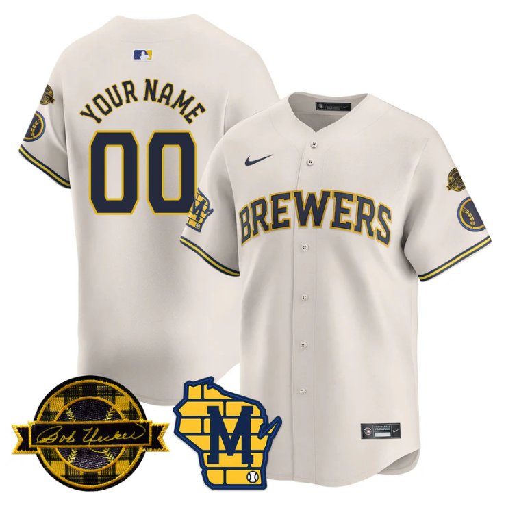 Custom Milwaukee Brewers Jersey 2025 Limited Bob Uecker Patch Stitched Cream