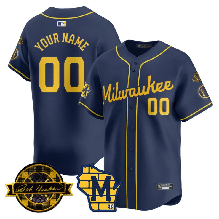Custom Milwaukee Brewers Jersey 2025 Limited Bob Uecker Patch Stitched Navy