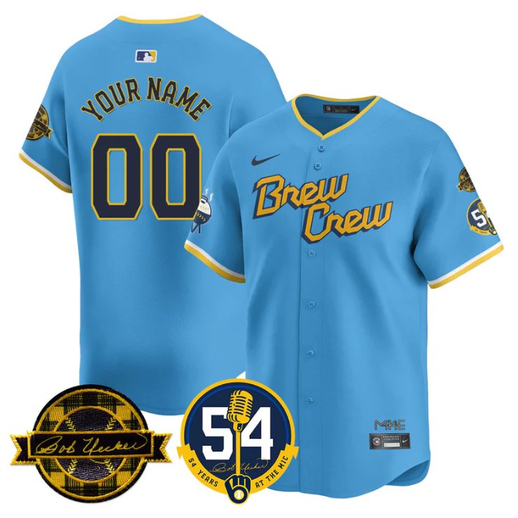 Custom Milwaukee Brewers Jersey 2025 Bob Uecker, 54 Seasons for Brewers Stitched City Connect