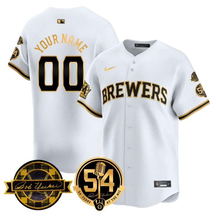 Custom Milwaukee Brewers Jersey 2025 Bob Uecker, 54 Seasons for Brewers Stitched White Gold