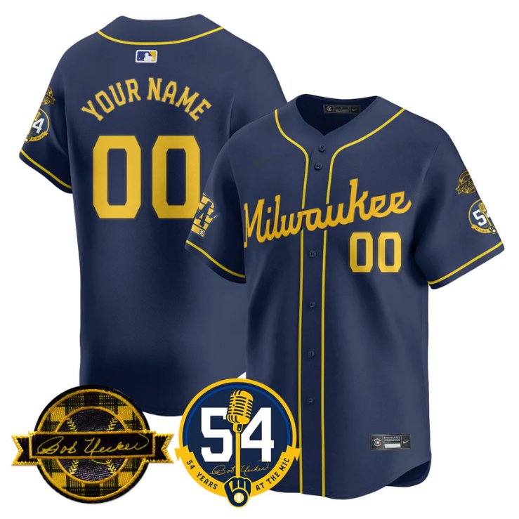 Custom Milwaukee Brewers Jersey 2025 Bob Uecker, 54 Seasons for Brewers Stitched Navy