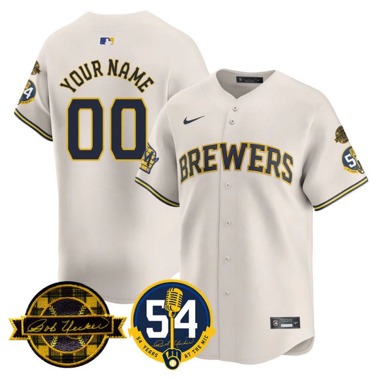 Custom Milwaukee Brewers Jersey 2025 Bob Uecker, 54 Seasons for Brewers Stitched Cream