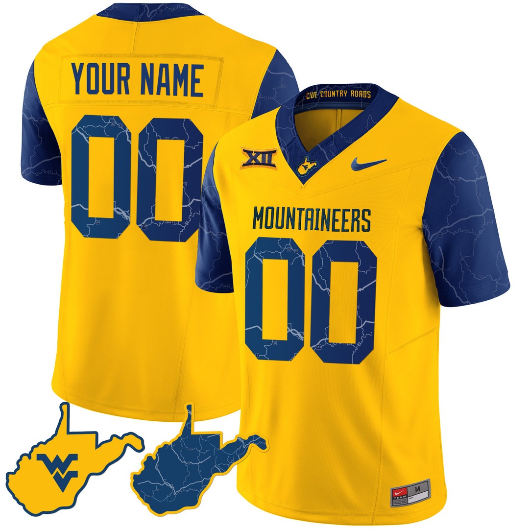 West Virginia Mountaineers 2024 Country Roads Custom Jersey Gold - All Stitched