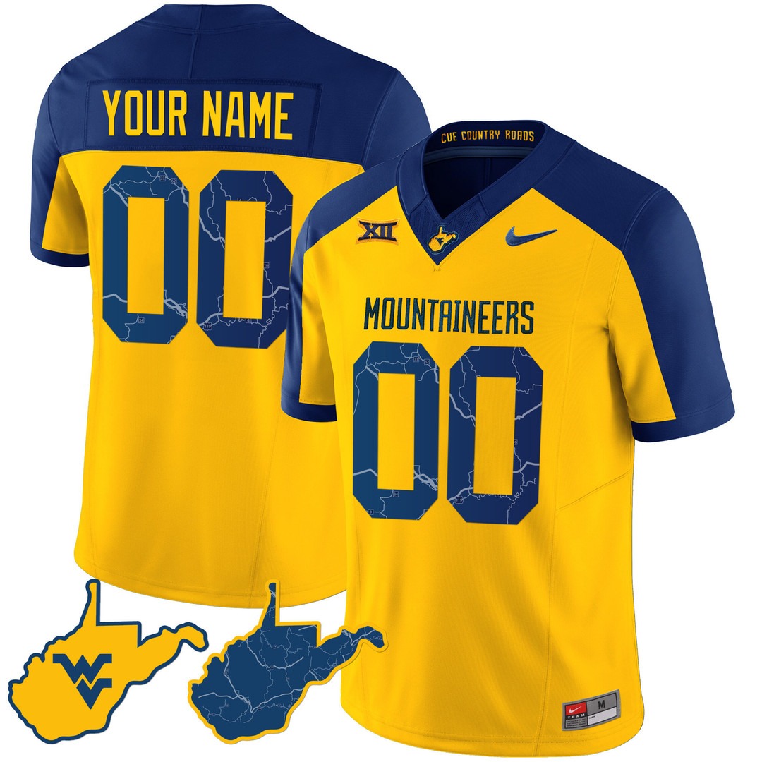 West Virginia Mountaineers 2024 Country Roads Custom Jersey Gold Alternate - All Stitched