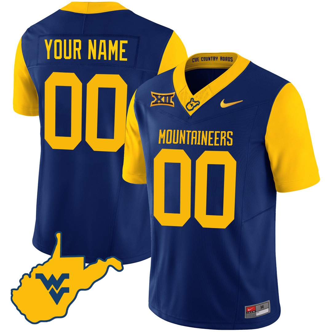 West Virginia Mountaineers 2024 Country Roads Custom Jersey Navy - All Stitched