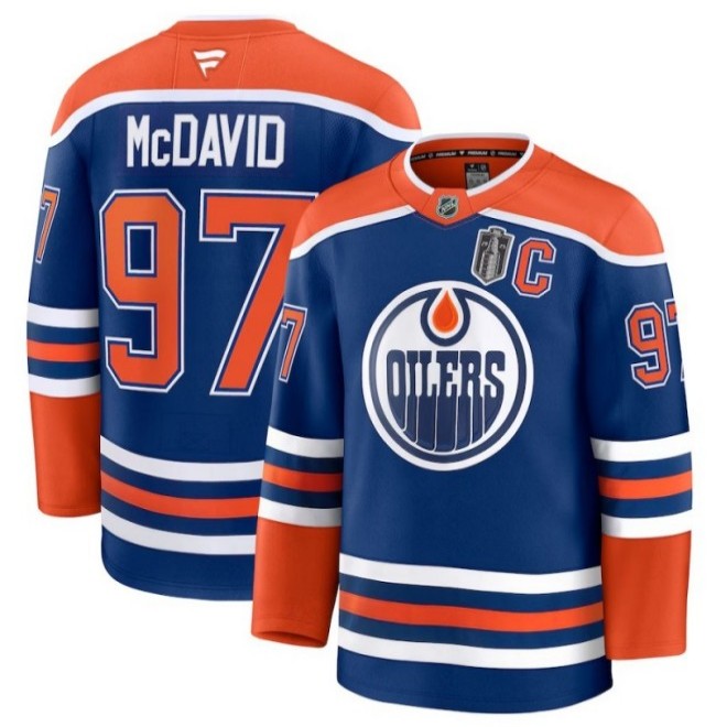 Men's Edmonton Oilers #97 Connor McDavid Royal 2025 Stanley Cup Final Home Premium Jersey