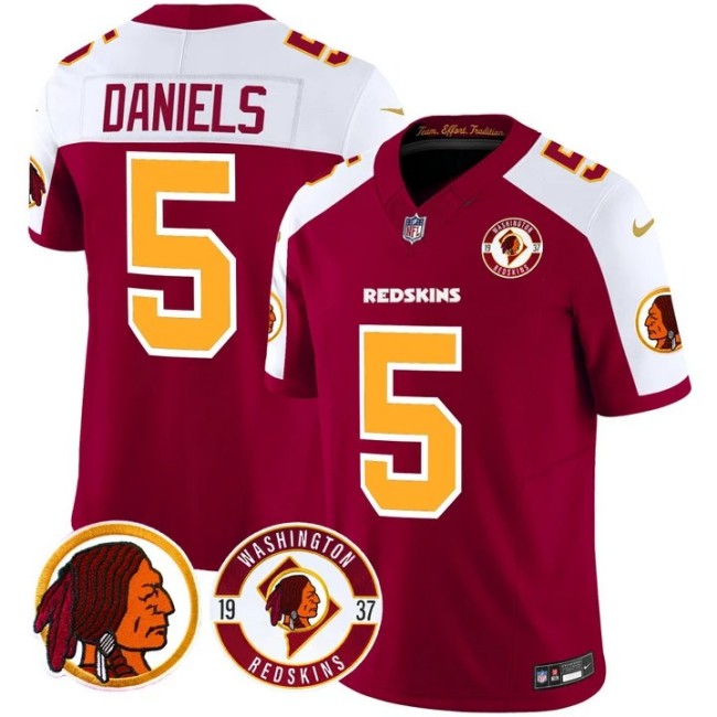 Men's Washington Redskins #5 Jayden Daniels Burgundy Alternate Est. 1937 Patch F.U.S.E. Vapor Limited Stitched Jersey