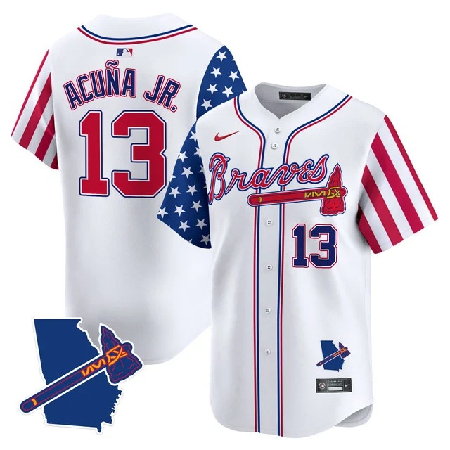 Men's Atlanta Braves #13 Ronald Acuna Jr. White Independence Day State Patch Vapor Premier Limited Jersey - All Stitched