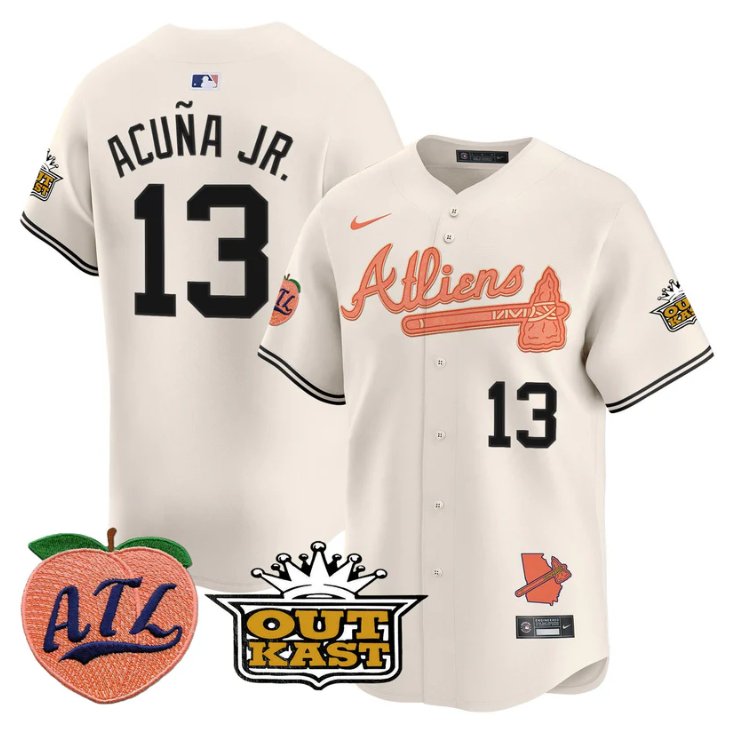 Men's Ronald Acuna Jr Jersey #13 Atlanta Braves Atliens Peach Vapor Premier Limited Stitched Cream