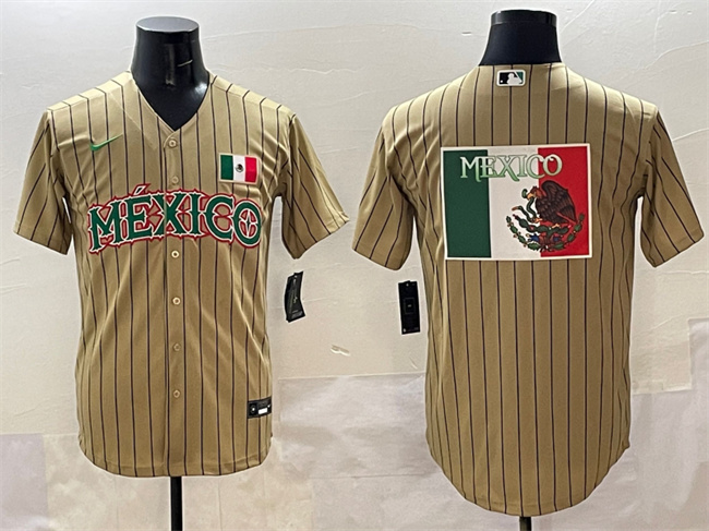 Men's Mexico Baseball Tan 2023 World Baseball Classic Team Big Logo Stitched Baseball Jersey