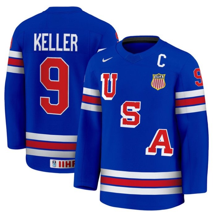 Men's USA Nike Olympic Hockey #9 Clayton Keller Blue 2025 Premium Stitched Jersey