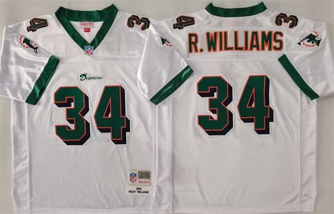 Men's Miami Dolphins #34 Ricky Williams Mitchell & Ness 2002 Replica Collection NFL White Jersey