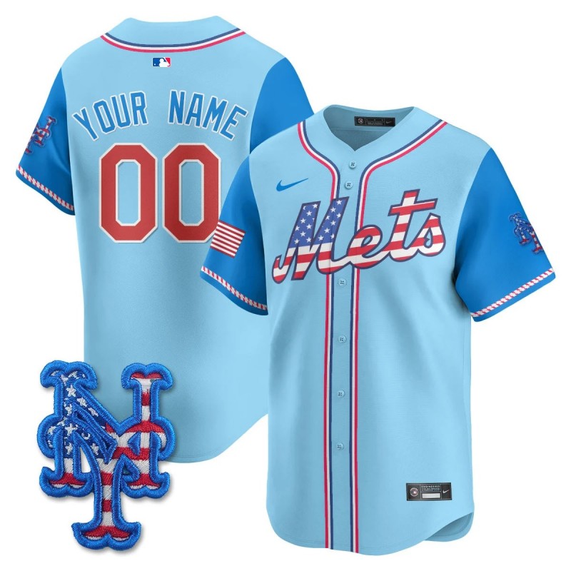 New York Mets Nike 2025 Fourth of July Custom MLB Baseball Limited Jersey Light Blue Alternate - All Stitched
