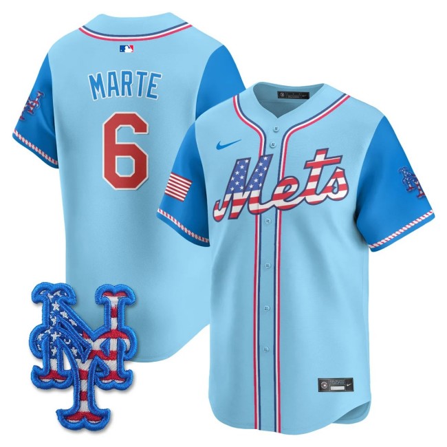 Men's NY Mets #6 Starling Marte Nike 2025 Fourth of July MLB Baseball Limited Jersey Light Blue - All Stitched
