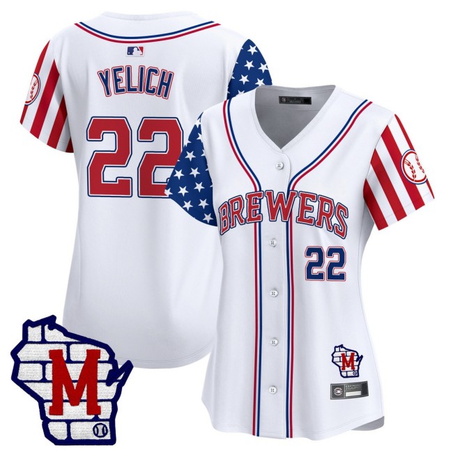 Women's MIL Brewers #22 Christian Yelich Nike White 2025 Independence Day MLB Baseball Limited Jersey - All Stitched