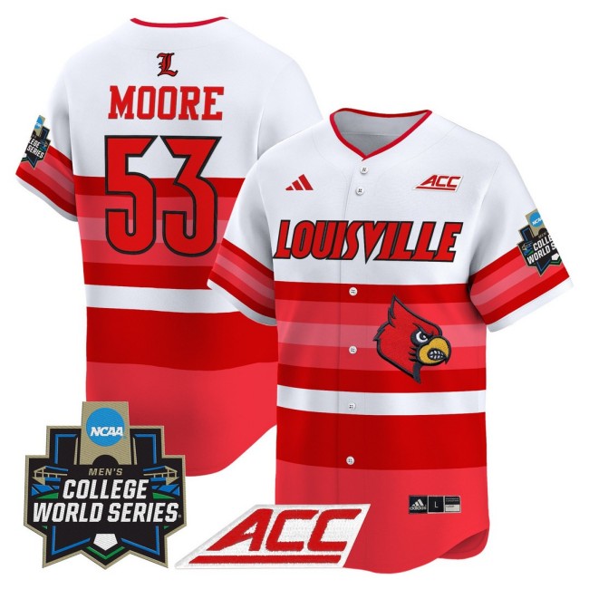 Men's Louisville Cardinals Baseball #53 Lucas Moore adidas Gradient Stripes 2025 NCAA MCWS Jersey - All Stitched