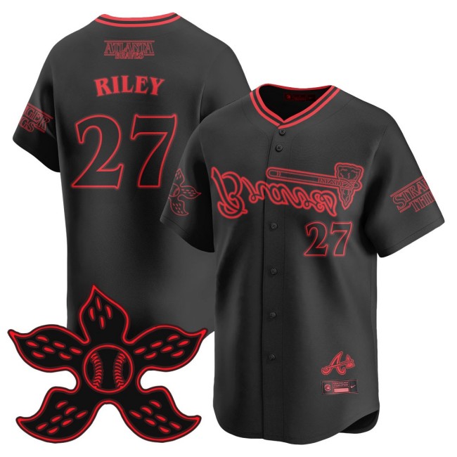 Men's Braves Stranger Things #27 Austin Riley Black 2025 Nike Limited Baseball Jersey - All Stitched