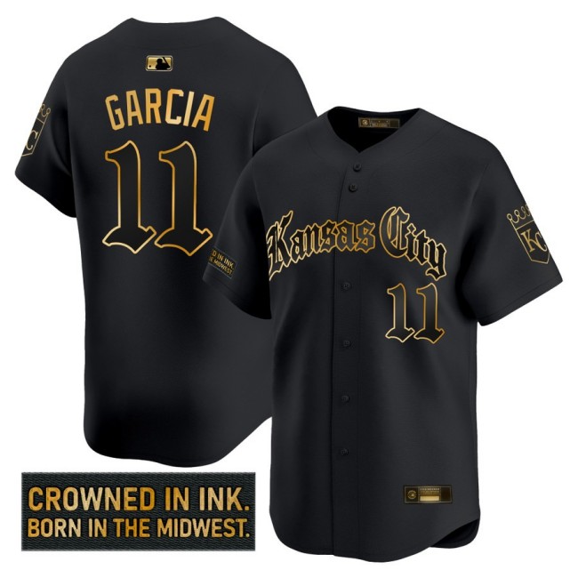 Men's KC Royals #11 Maikel Garcia 'Gothic Crown Edition' Nike Gold MLB Baseball Limited Jersey Black - All Stitched