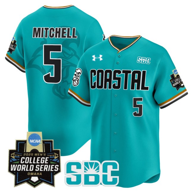 Men's Coastal Carolina Chanticleers #5 Walker Mitchell Omaha Revival 2025 NCAA MCWS Baseball Limited Jersey Teal - All Stitched
