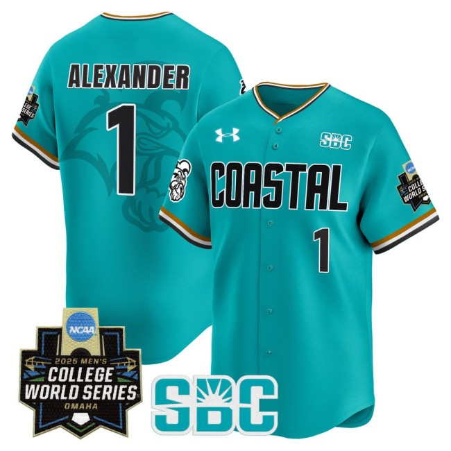 Men's Coastal Carolina Chanticleers #1 Sebastian Alexander Omaha Revival 2025 NCAA MCWS Baseball Limited Jersey Teal - All Stitched