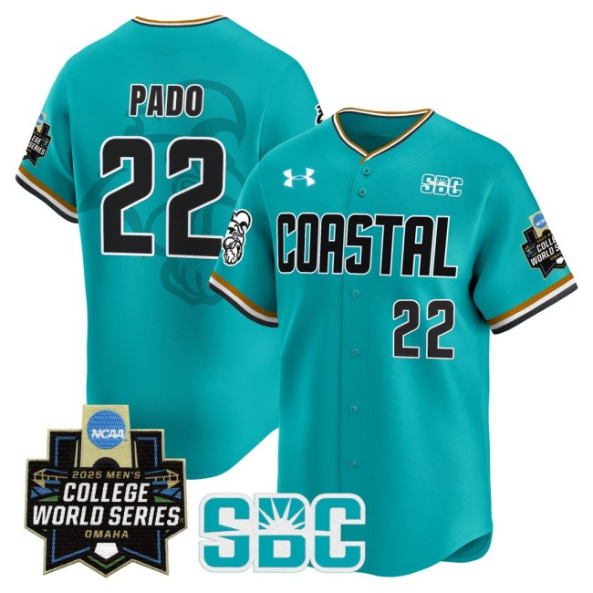 Men's Coastal Carolina Chanticleers #22 Blagen Pado Omaha Revival 2025 NCAA MCWS Baseball Limited Jersey Teal - All Stitched