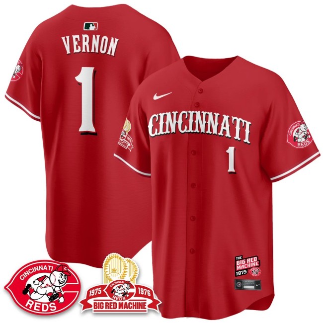 Men's Cincinnati Reds #1 Justin Vernon Nike 'Big Red Machine 50th 1975 Limited MLB Jersey Red