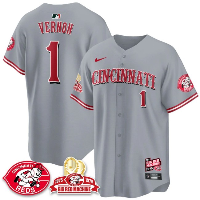 Men's Cincinnati Reds #1 Justin Vernon Nike 'Big Red Machine 50th 1975 Limited MLB Jersey Grey