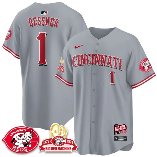 Men's Cincinnati Reds #1 Aaron Dessner Nike 'Big Red Machine 50th 1975 Limited MLB Jersey Grey