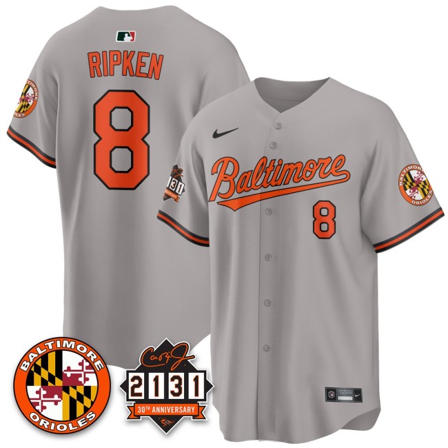 Men's Baltimore Orioles #8 Cal Ripken Nike '30th of 2131 MLB Limited Jersey Grey - ALL Stitched