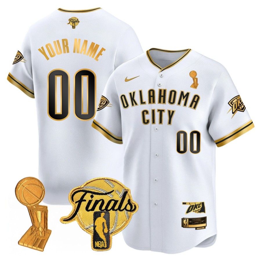 OKC Thunder Custom Nike 2025 NBA Finals Trophy Limited Baseball Jersey White GOLD -  All Stitched