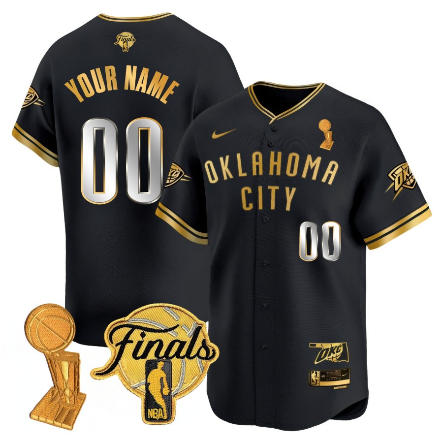 OKC Thunder Custom Nike 2025 NBA Finals Trophy Limited Baseball Jersey Black GOLD -  All Stitched