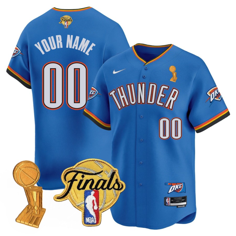 OKC Thunder Custom Nike 2025 NBA Finals Trophy Limited Baseball Jersey Blue Icon -  All Stitched