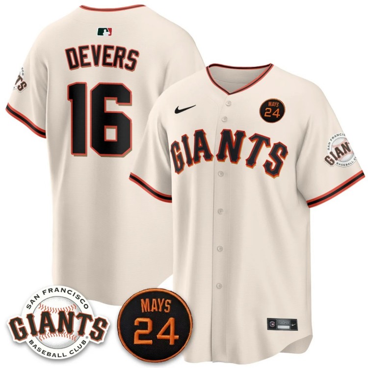 Men's San Francisco Giants #16 Rafael Devers Cream Nike 2025 MLB Limited Jersey With 24 Mays Patch - All Stitched