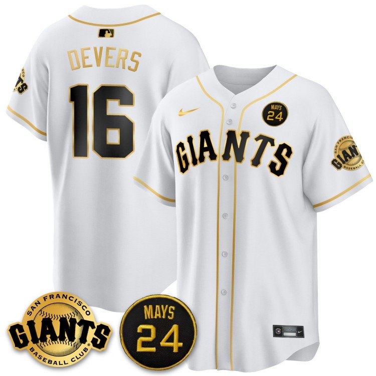 Men's San Francisco Giants #16 Rafael Devers Nike 2025 MLB Limited Jersey White GOLD With 24 Mays Patch - All Stitched