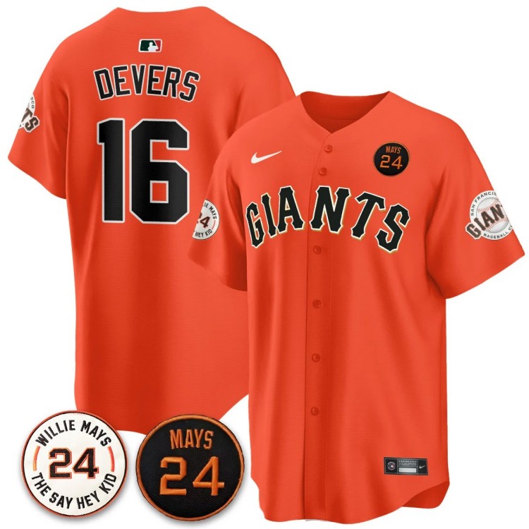 Men's San Francisco Giants #16 Rafael Devers Orange Nike 2025 MLB Limited Jersey With 24 Mays Patch - All Stitched