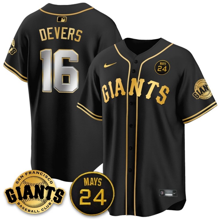 Men's San Francisco Giants #16 Rafael Devers Nike 2025 MLB Limited Jersey Black GOLD With 24 Mays Patch - All Stitched