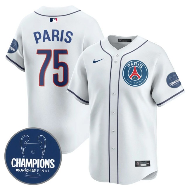 Men's PSG #75 Paris White 2025 Soccer x Baseball Nike Limited MLB Jersey Champions - All Stitched