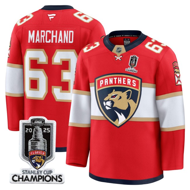 Men's Florida Panthers #63 Brad Marchand Red Home 2025 Stanley Cup Champions Patch Stitched Hockey Jersey