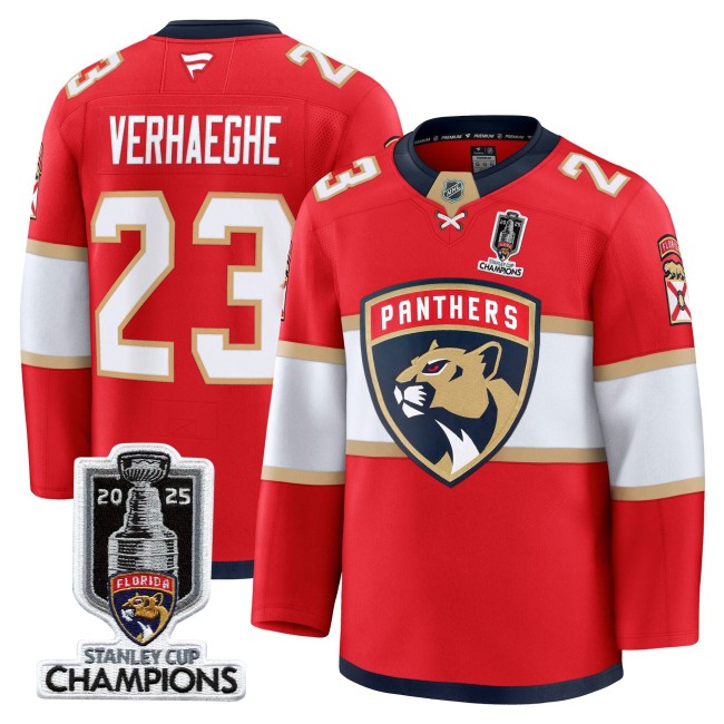 Men's Florida Panthers #23 Carter Verhaeghe Red Home 2025 Stanley Cup Champions Patch Stitched Hockey Jersey