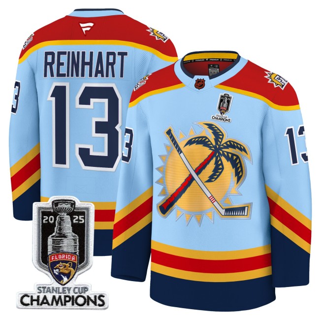 Men's Florida Panthers #13 Sam Reinhart Blue 2025 Stanley Cup Champions Patch Stitched Hockey Jersey