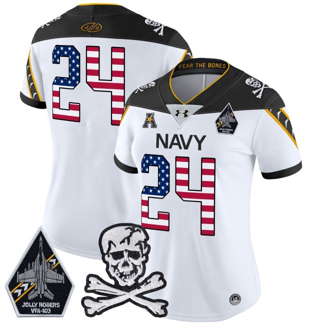 Wmns Navy Midshipmen #24 2025 Independence Day Vapor Limited Football Jersey White - All Stitched