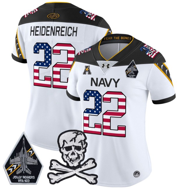Wmns Navy Midshipmen #22 Eli Heidenreich White 2025 Independence Day Vapor Limited Football Jersey - All Stitched
