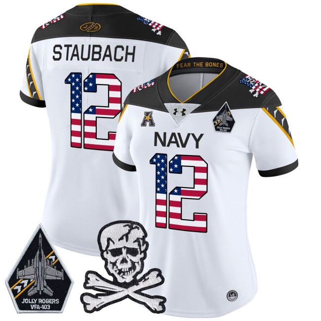 Wmns Navy Midshipmen #12 Roger Staubach White 2025 Independence Day Vapor Limited Football Jersey - All Stitched