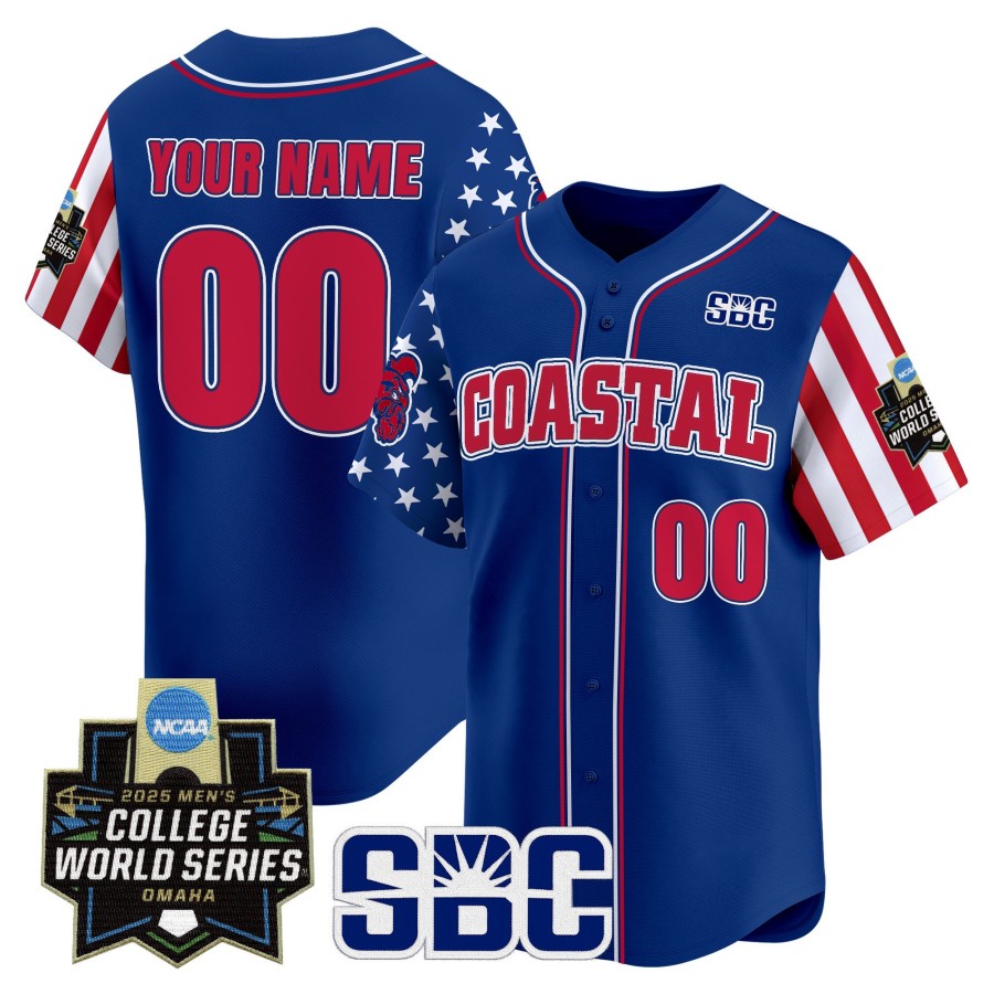 Coastal Carolina Chanticleers Custom Royal 2025 Independence Day NCAA MCWS Baseball Limited Jersey - All Stitched