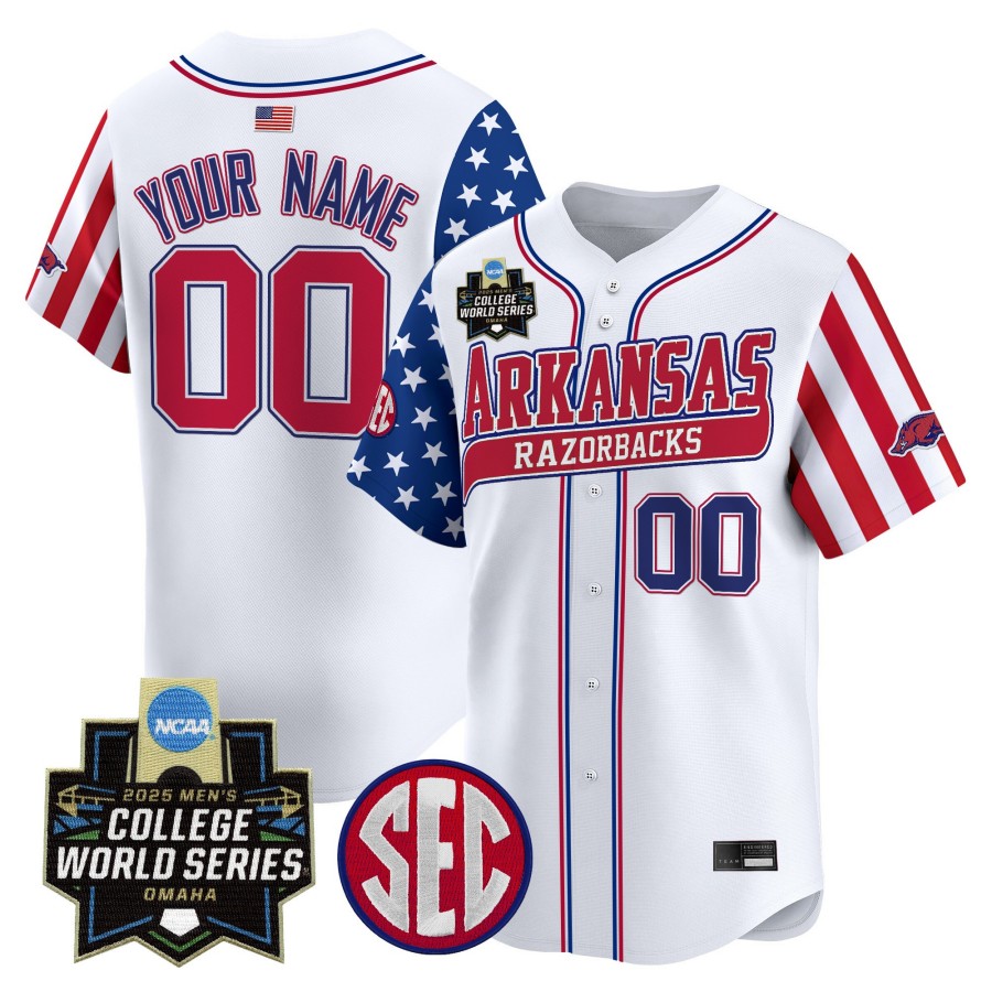 Arkansas Razorbacks Custom White 2025 Independence Day NCAA MCWS Baseball Limited Jersey - All Stitched