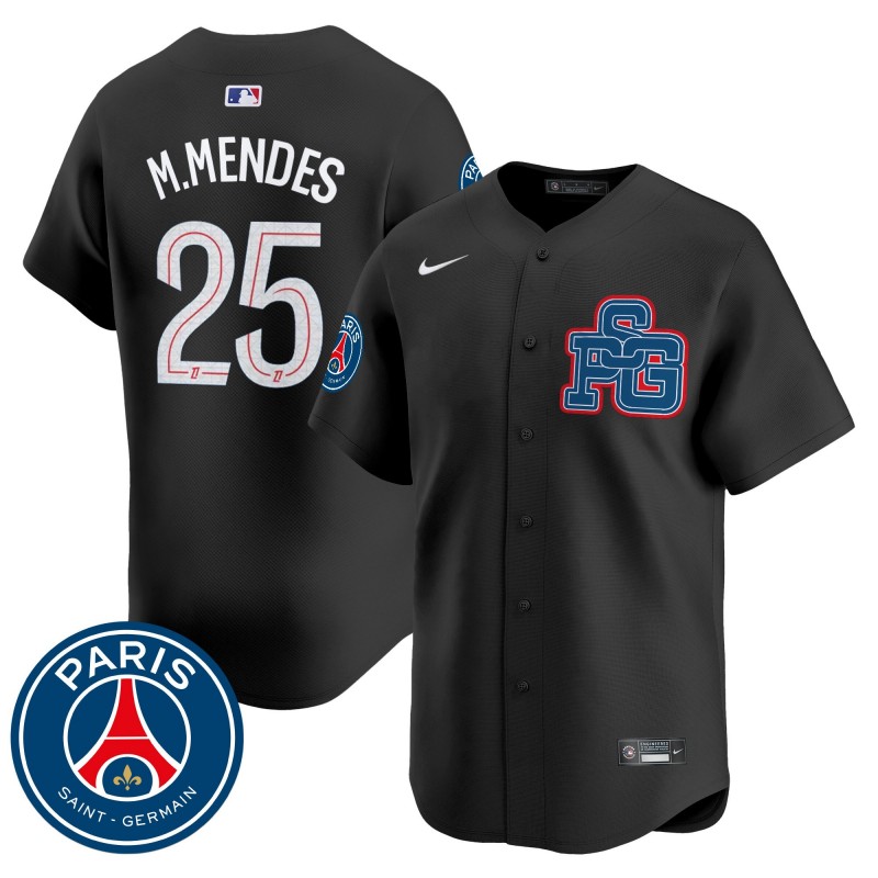 Paris Saint-Germain #25 Nuno Mendes Nike Black 2025 Vapor Stitched Baseball Jersey