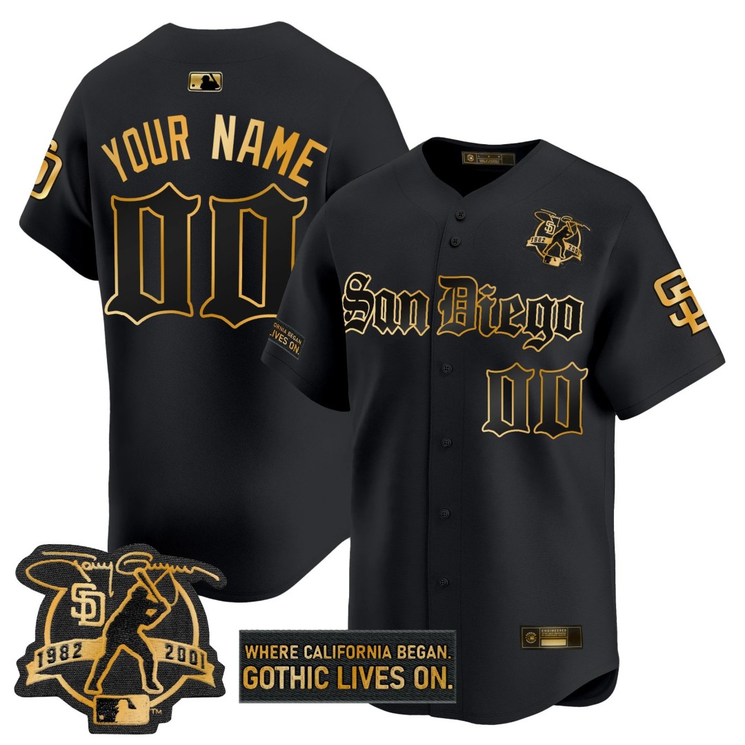 San Diego Padres 'Gothic Edition' Gold Vapor Premier Limited Custom Jersey Black 2001 Tony Gwynn Patch - All Stitched