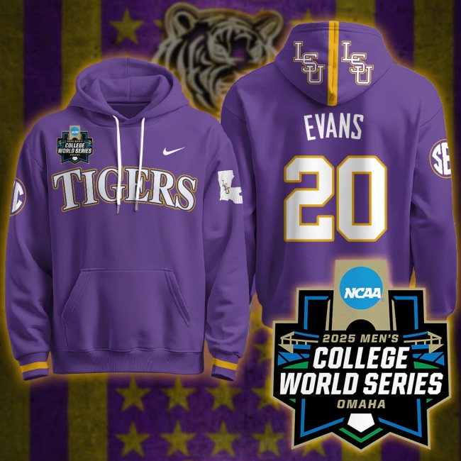 LSU Tigers #20 Casan Evans Nike 2025 Men's College World Series Limited Hoodie Purple - All Stitched