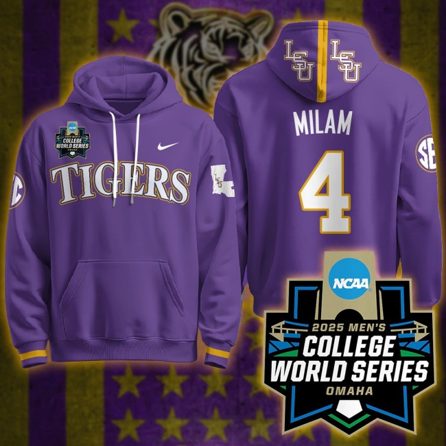 LSU Tigers #4 Steven Milam Nike 2025 Men's College World Series Limited Hoodie Purple - All Stitched