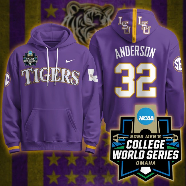 LSU Tigers #32 Kade Anderson Nike 2025 Men's College World Series Limited Hoodie Purple - All Stitched